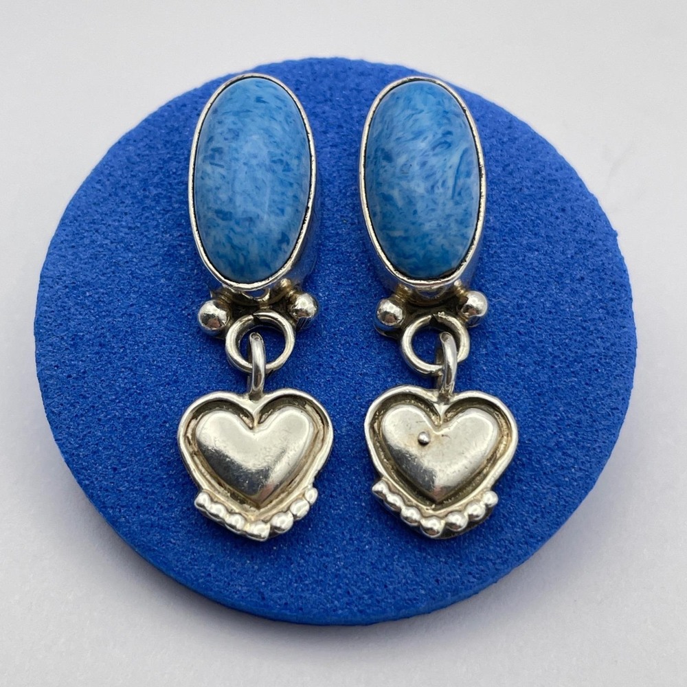 Sterling Silver Denim Lapis Heart Dangle‎ Earrings Cute Small Blue Earrings